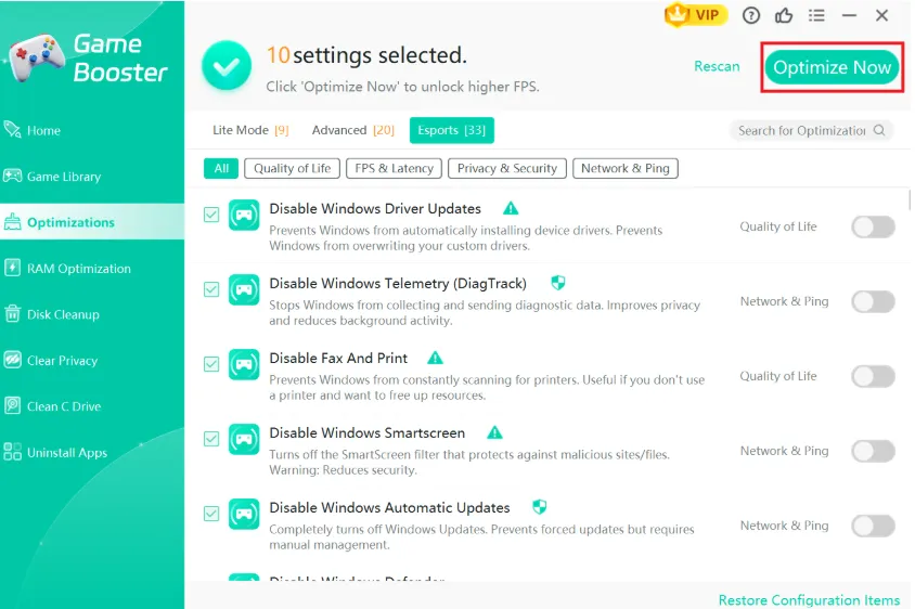 Select the options for optimization and click on Optimize Now.