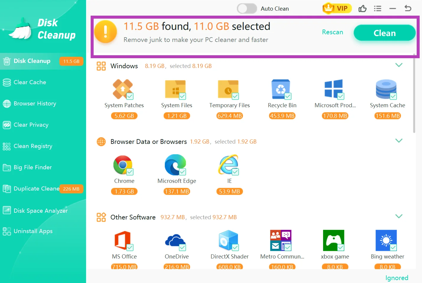 Disk Cleanup results showing junk you can remove.
