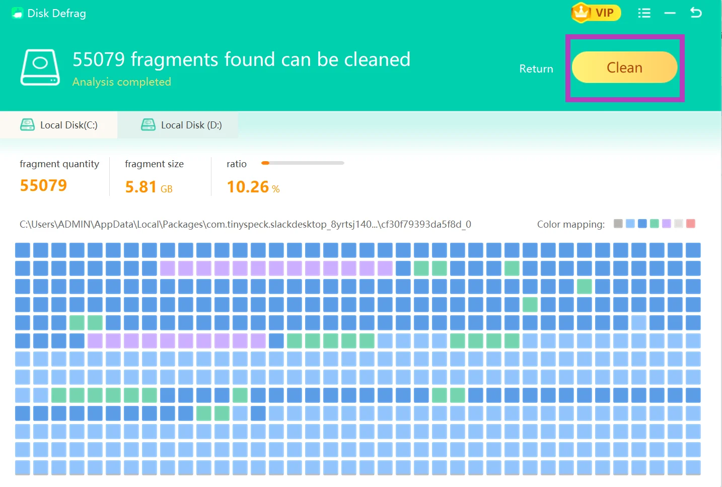 Disk Defrag scan results showing fragmentation percentage.
