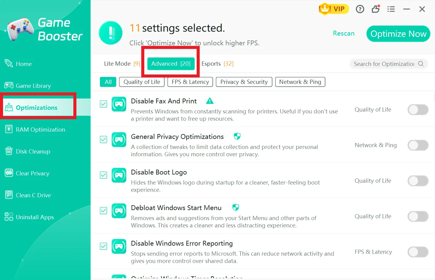 Click on the optimization tab
