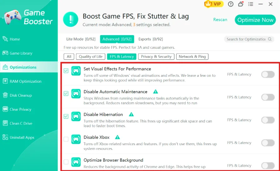 Select optimization options for FPS and Latency