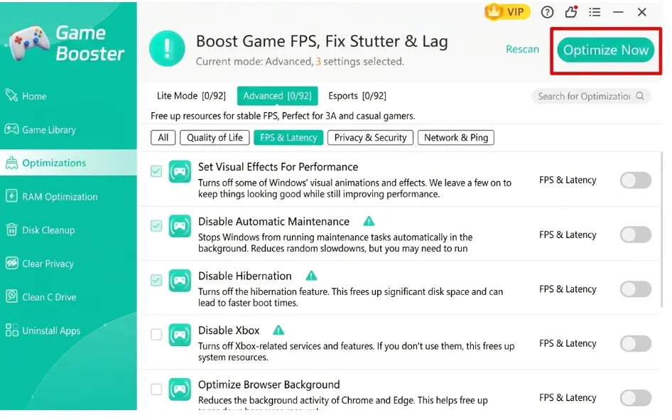 Click Optimize Now 