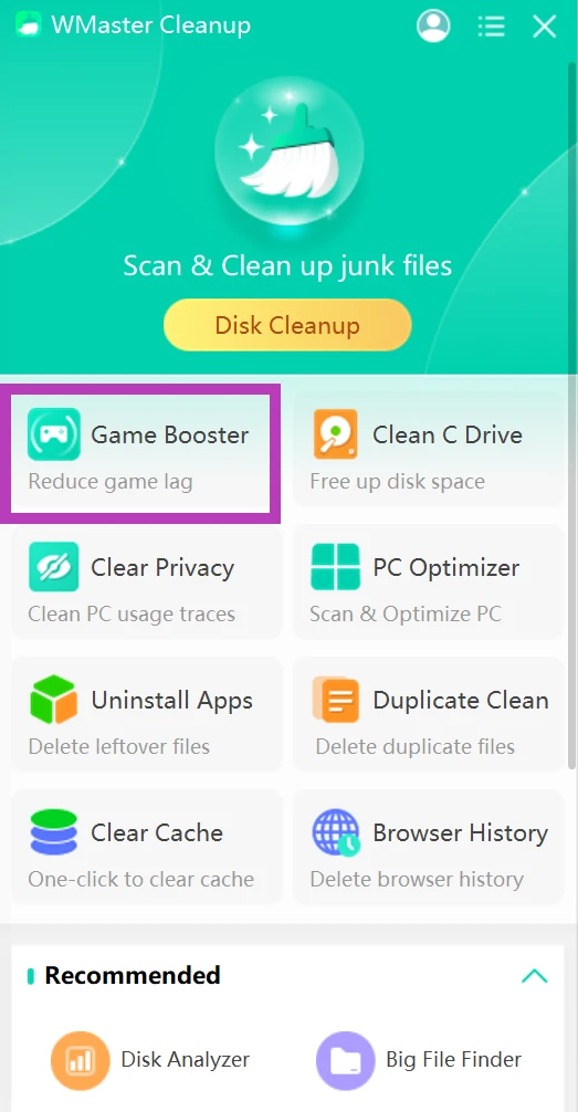 Wmaster Cleanup Game Booster feature to improve FPS in games.