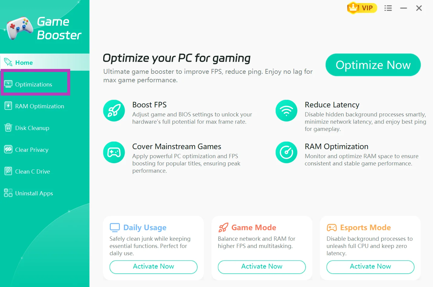 Click Optimizations to improve in-game FPS in Windows.