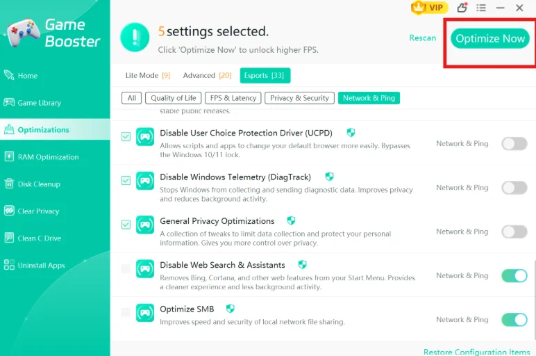 Click on the Optimize now option to reduce the ping in online and offline games.