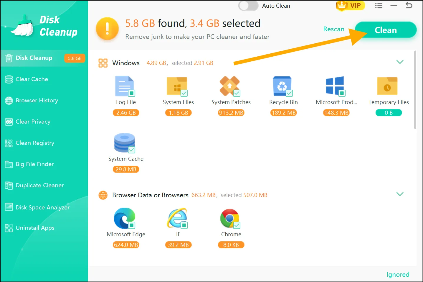 Select folders and programs to clean junk from Windows 11.