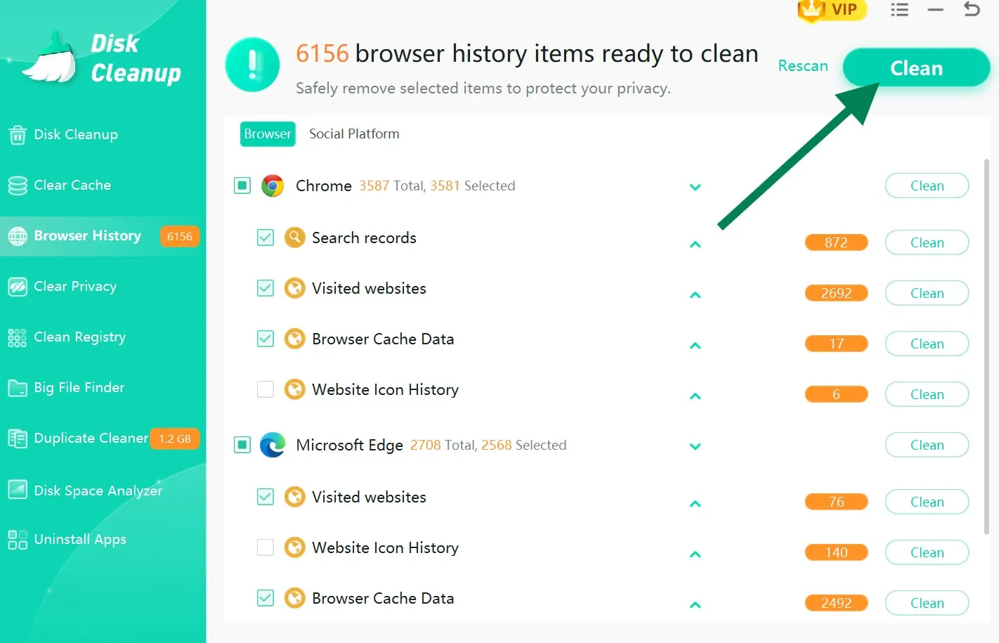 Click Clean to remove all broswing footprints. 
