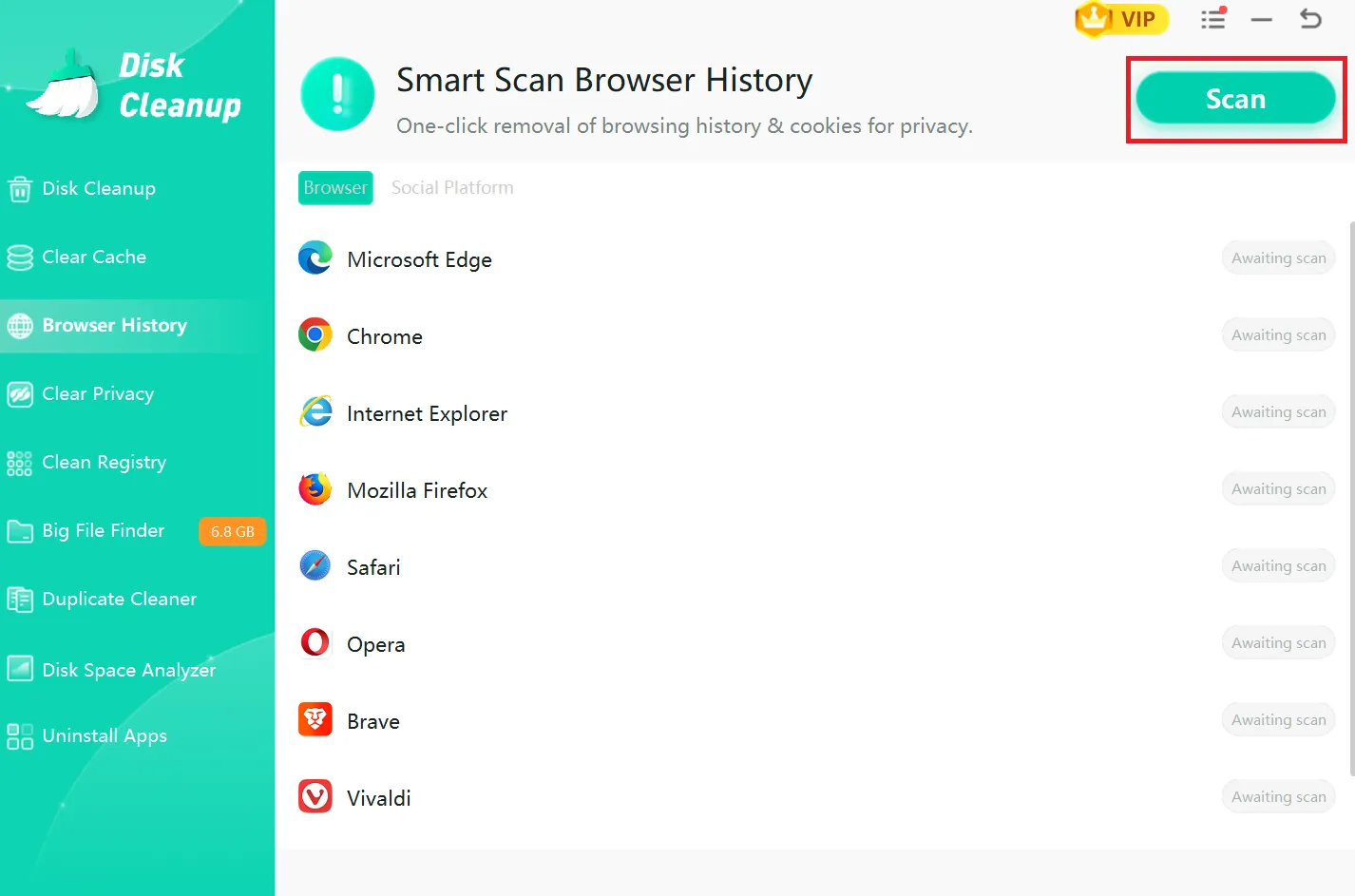 Click Scan button to begin to detect broswer history among all browsers.