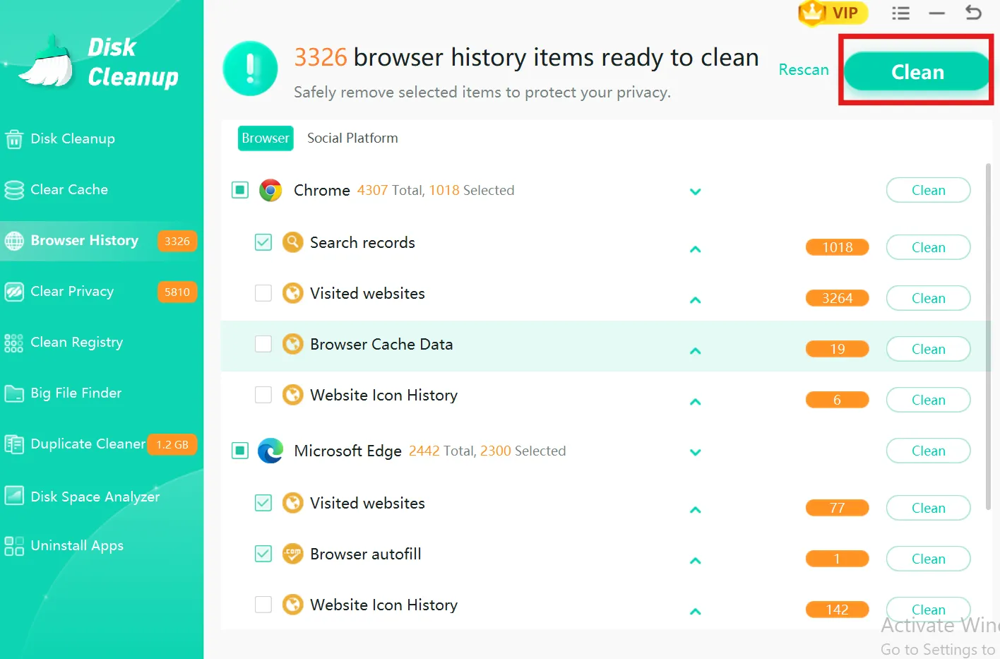 Tap on Clean button to clear all browser history in batch.