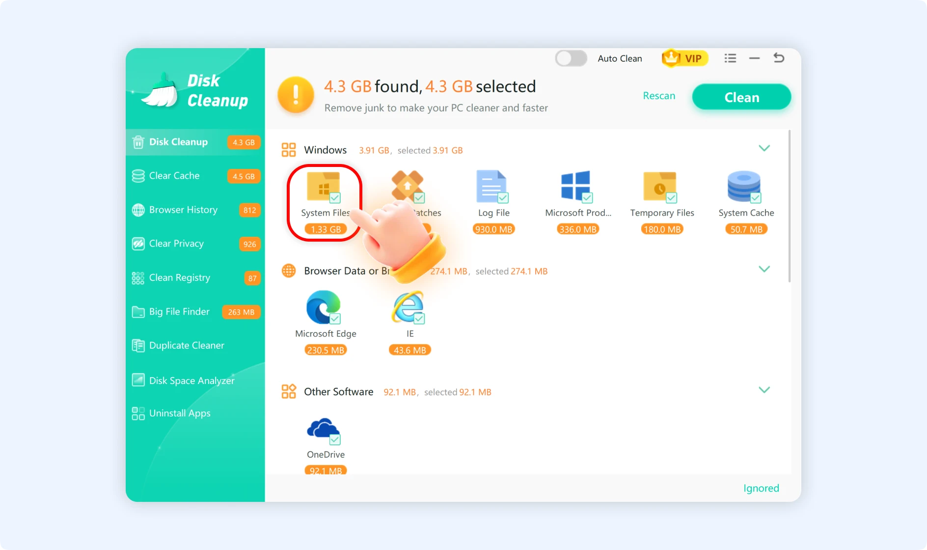 Select cleanable items to view its content before cleaning it individually.
