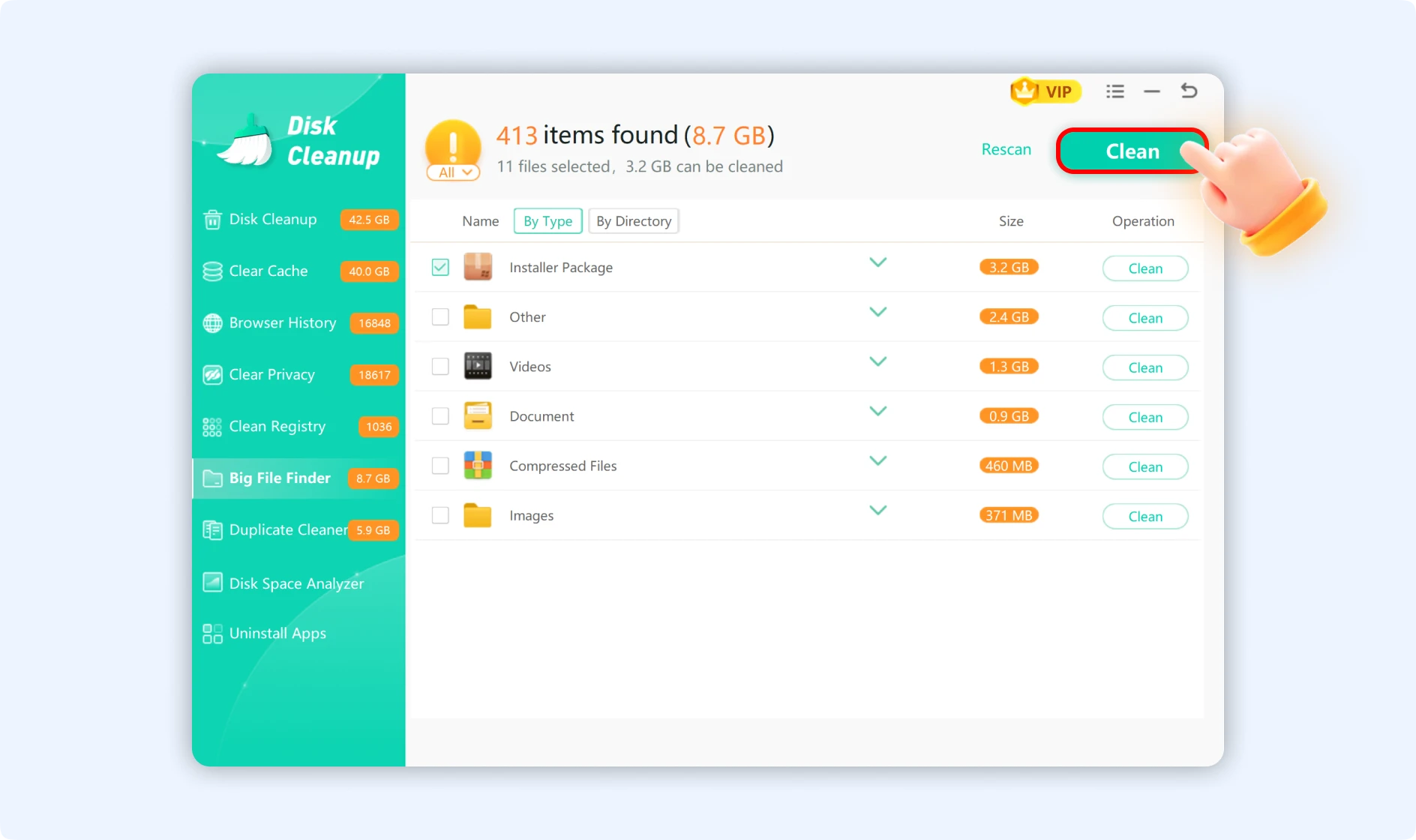 Select desired big file to be cleaned with Big File Finder feature by WMaster Cleanup.