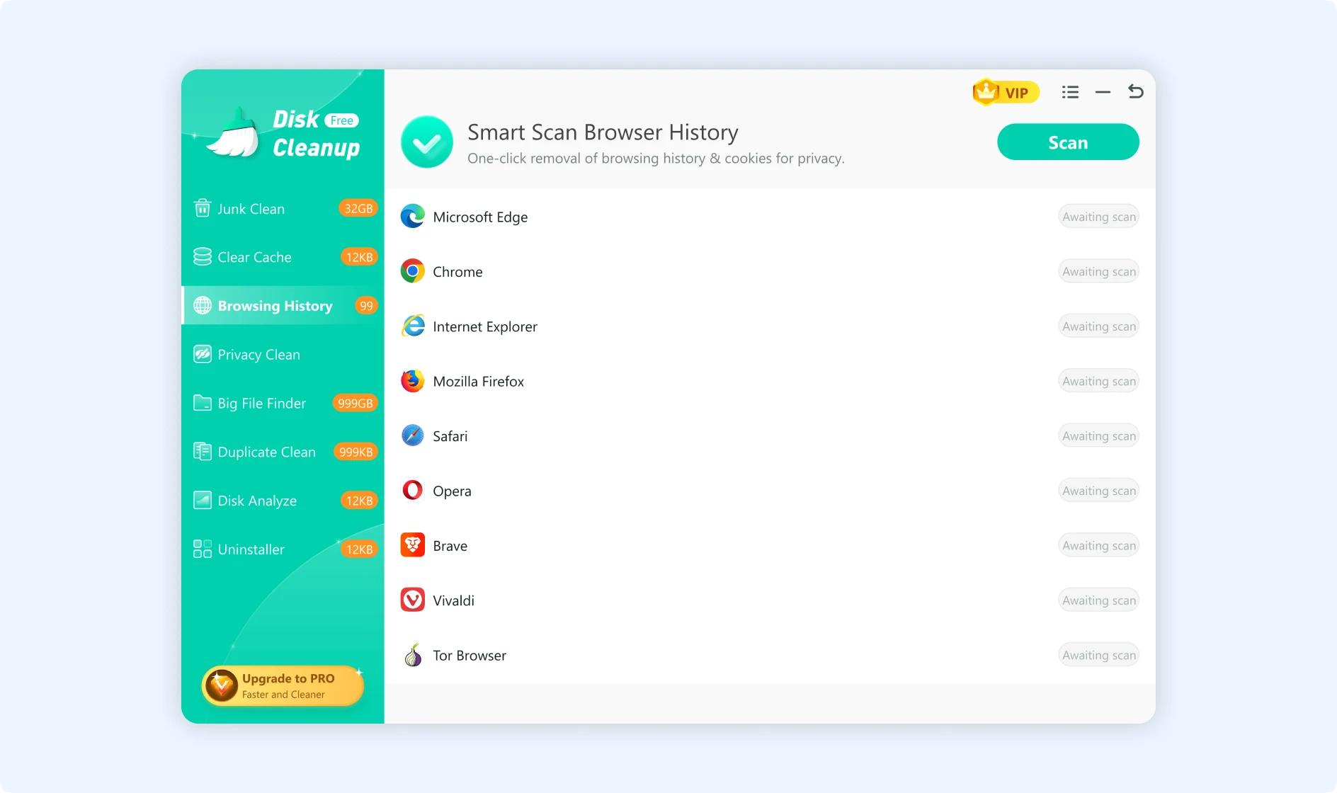 Scan and remove browser history and cookies for privacy.