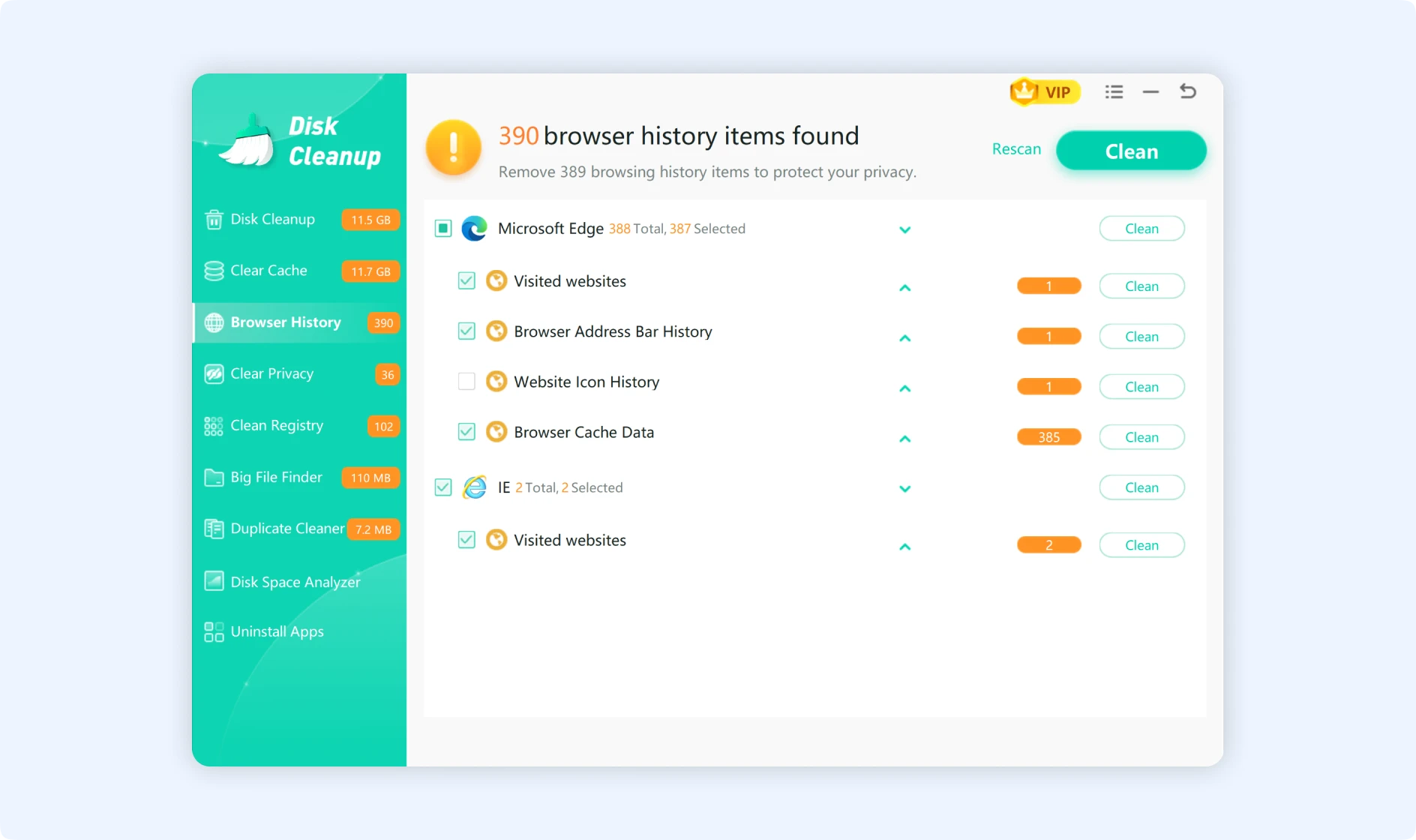 Select browsing history data type to be cleaned with the Browsing History feature.