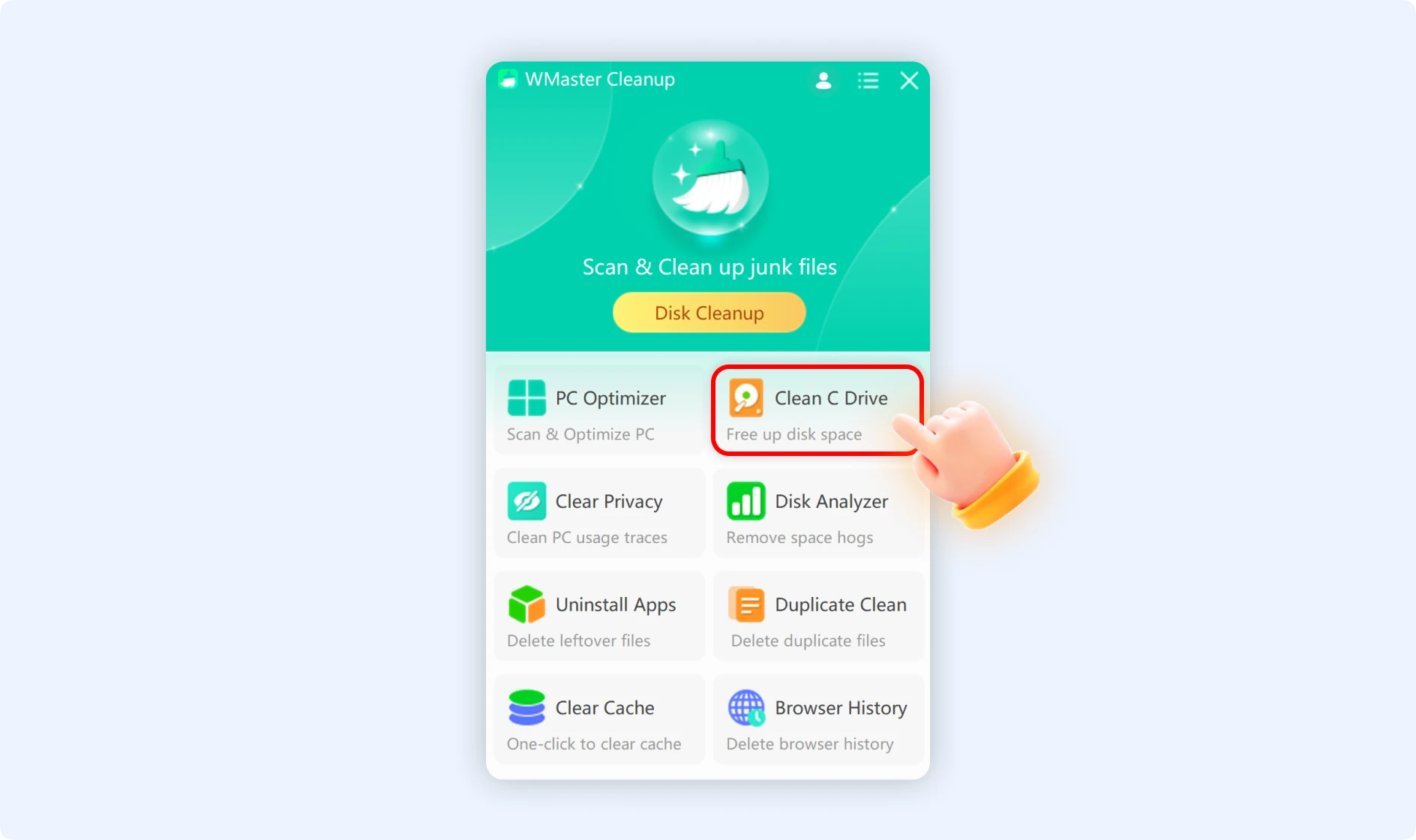 Free up your disk space with WMaster Cleanup’s Clean C Drive feature.