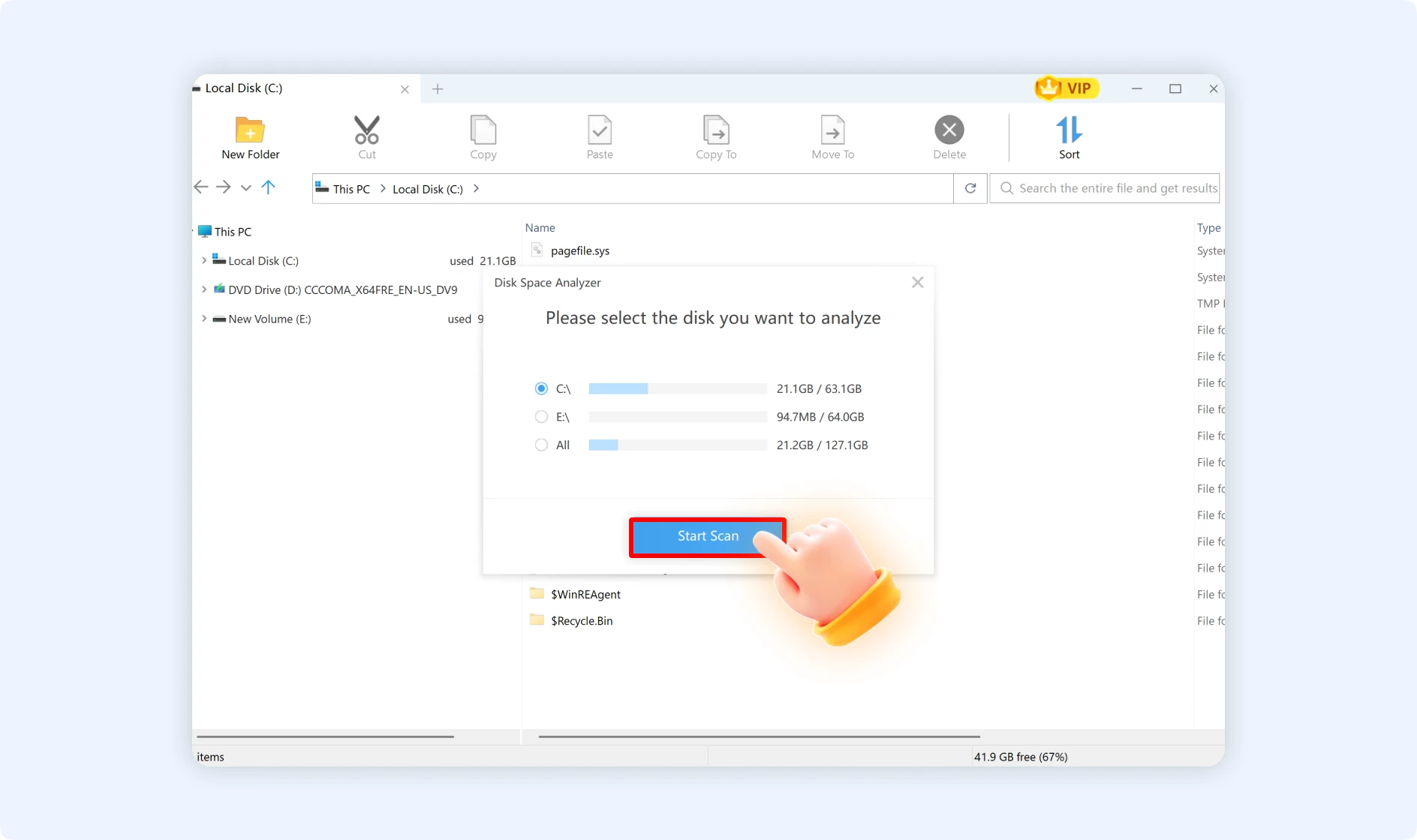 Select any disk and start scan to clean up large files with Disk Analyzer feature.