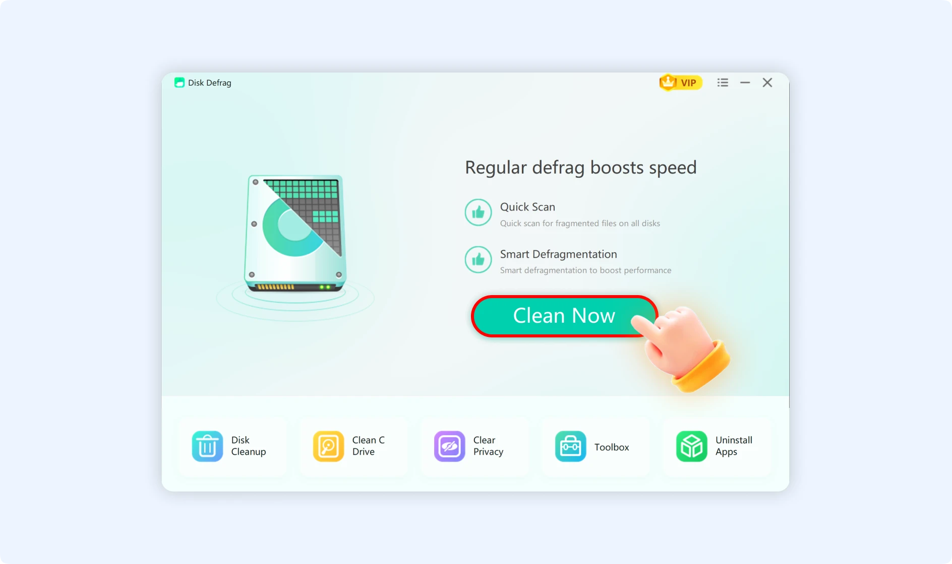Click Clean Now to defrag fragmented files to speed up your PC.