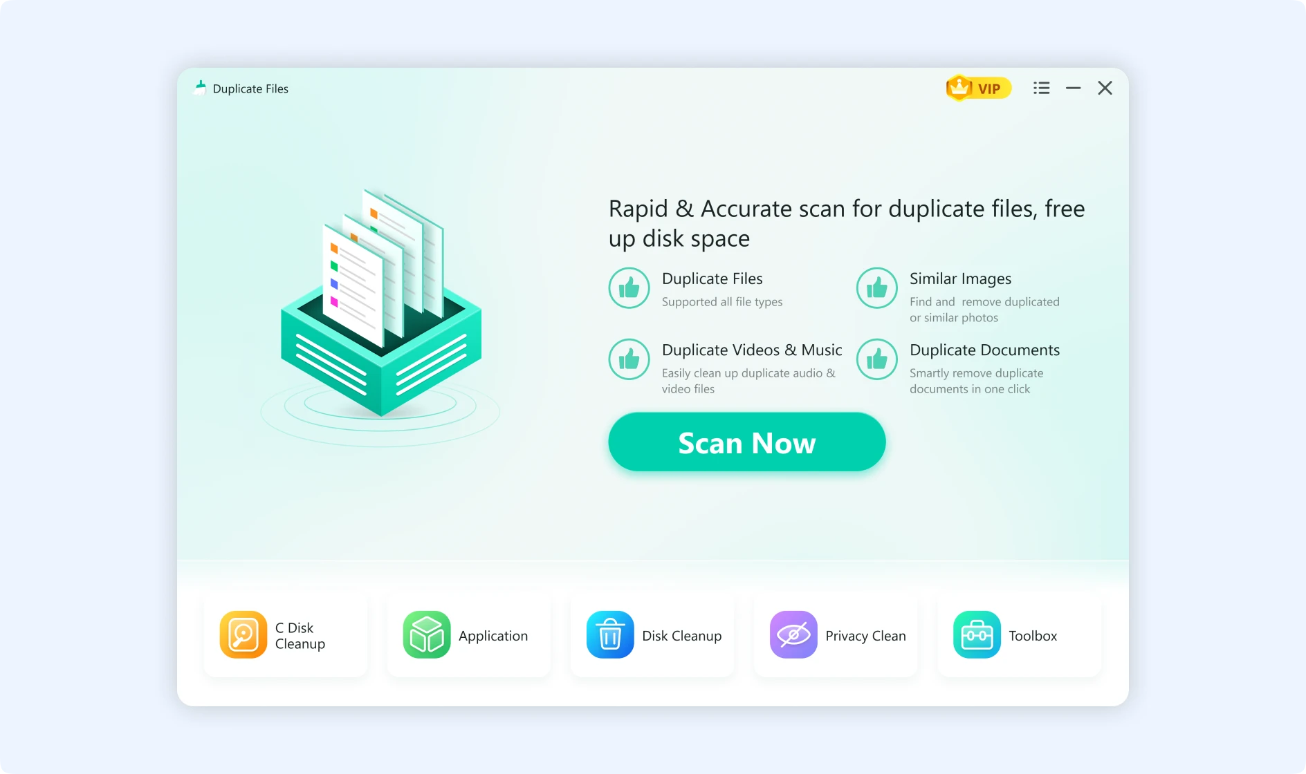 Initiate accurate scan for duplicate files to free up space.