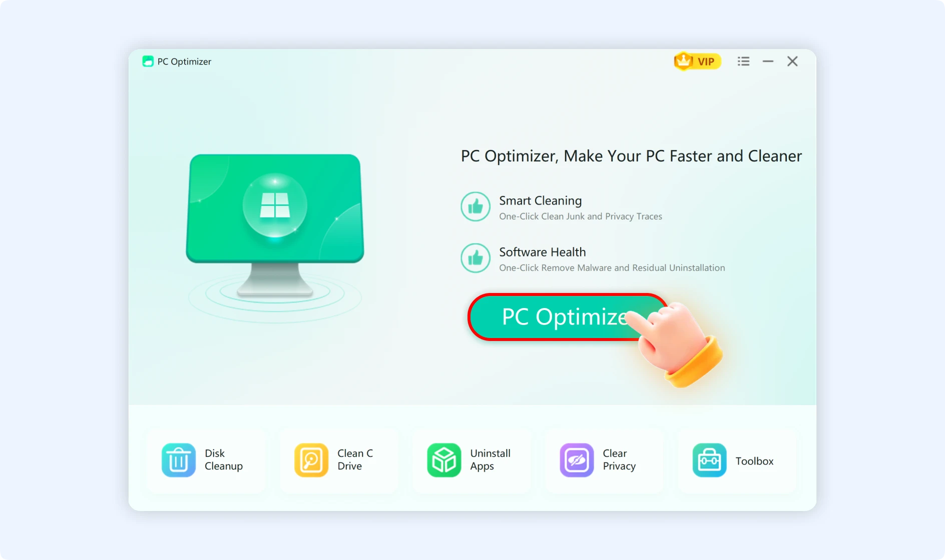 Click PC Optimizer to start the full system scanning for faster and cleaner PC.
